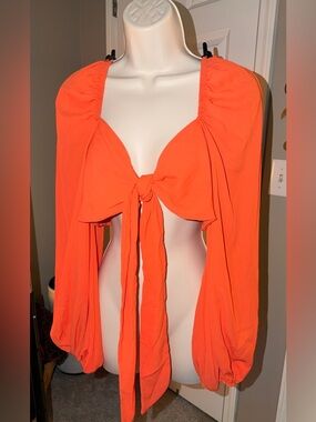Bright Orange Front Tie Crop Top with Balloon Sleeves